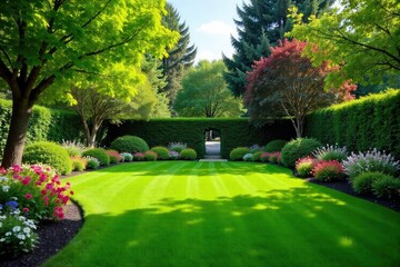 Serene backyard oasis featuring lush green lawn, vibrant flowerbeds, and mature trees Perfect for relaxation and outdoor entertaining Enjoy the tranquil beauty of nature , patio, tranquility