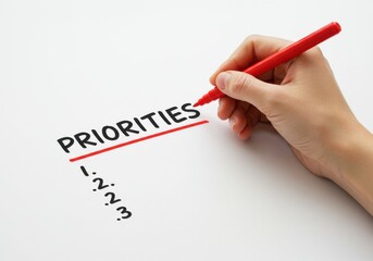 Hand writing priorities list with red marker on white paper