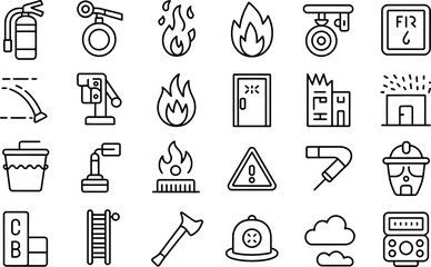 Fototapeta premium Collection of fire safety and emergency icons in outline style representing prevention