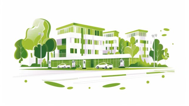 A conceptual illustration of a green technology campus with sustainable buildings and green transportation options, symbolizing innovation and environmental sustainability in corporate environments