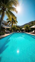 Relaxing summer scene at a pristine swimming pool, sun reflecting on the clear blue water, inviting and tranquil Perfect for vacation, summer, travel, and leisure themes , cool, summer