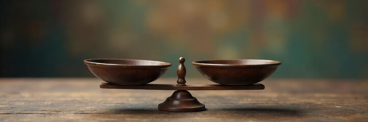 A traditional scale balance with two empty pans sits on a wooden surface, ready for weighing Perfect for concepts of justice, equilibrium, comparison, and measurement , weighing scales, antique
