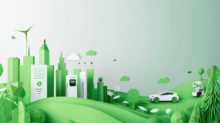 A conceptual illustration of a green technology campus with sustainable buildings and green transportation options, symbolizing innovation and environmental sustainability in corporate environments