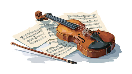 Fototapeta premium A digital painting or illustration depicting a violin resting on a piece of sheet music. The violin is positioned diagonally, with its bow lying next to it. The sheet music appears to be a musical