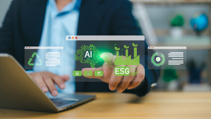 ESG environmental social governance investment business concept, Businessman showing green business dashboard, Symbolizes integrating Artificial Intelligence with sustainable business growth together.