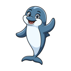 Obraz premium A friendly cartoon dolphin standing upright on its tail, with a blue and white body.