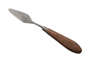 Metal painting knife with wooden handle isolated on transparent background, ideal for mixing and applying paint