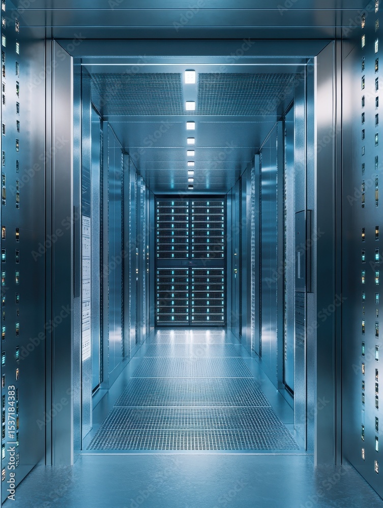 Poster conceptual representation of secure data server room protected inside a vault for business and cyber