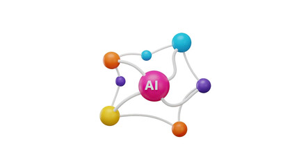 Molecular model of aluminum with connected spheres in various vibrant hues and white lines on transparent background