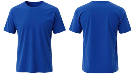 Two views of a vibrant blue short sleeved t shirt presented side by side front and back facing forward on transparent background