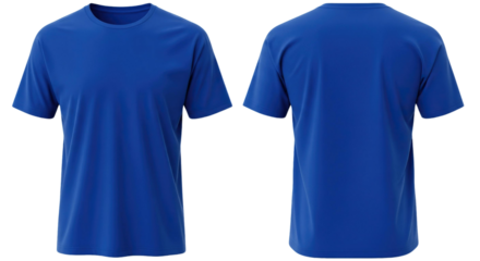 Two views of a vibrant blue short sleeved t shirt presented side by side front and back facing forward on transparent background