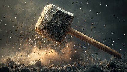 Powerful hammer smashing stone with dramatic explosion of dust and debris — dynamic concept of strength, force, and impact in motion, perfect for industry or metaphorical visuals