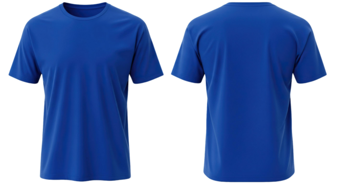 Two views of a vibrant blue short sleeved t shirt presented side by side front and back facing forward on transparent background
