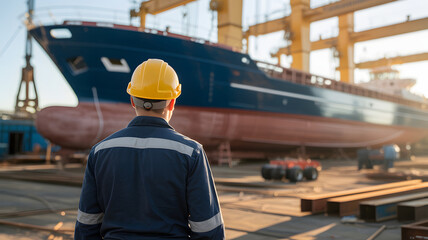 Shipyard engineer inspecting large vessel under construction