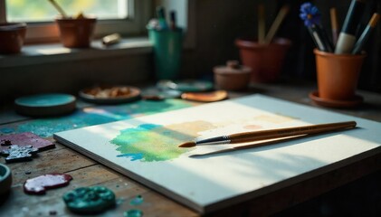 Fototapeta premium A solitary paintbrush rests on a canvas, surrounded by scattered art supplies in a dimly lit studio The scene evokes a sense of quiet contemplation and creative solitude , artist, atelier, texture