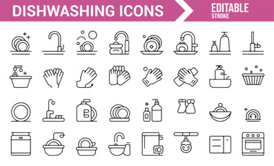 Set of Dishwashing and Cleaning Icons in Editable Vector Format