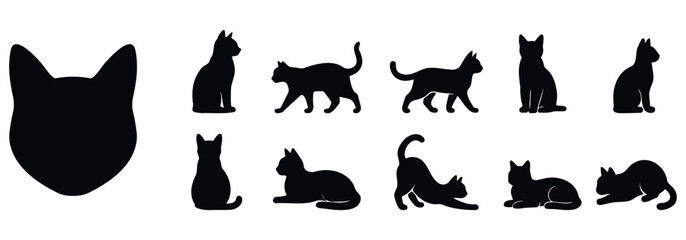 Collection of various cat silhouettes in different poses including sitting, walking, and stretching