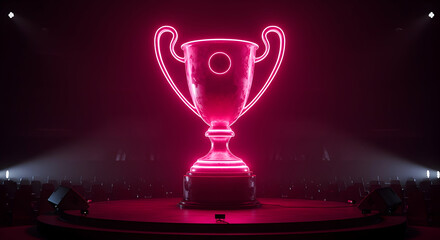 Pixelated Pink Neon Trophy on Dark Stage
