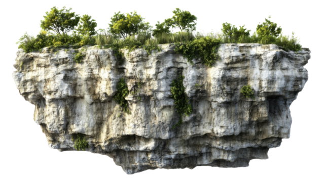 Rocky cliff surface with textured sedimentary layers and natural stone formation isolated on white background
