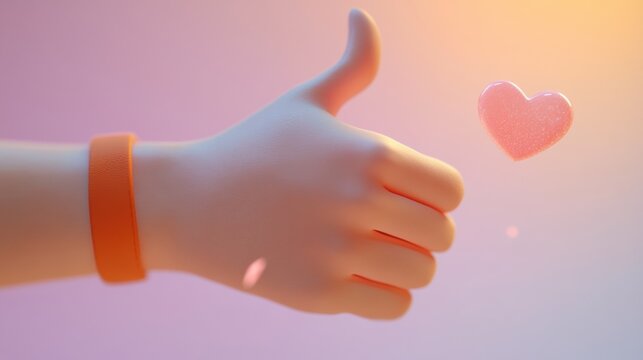 Hand giving a thumbs-up gesture with a floating heart in a soft, pastel background