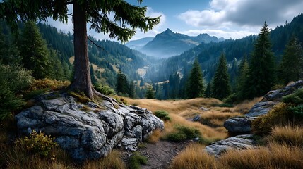 Obraz premium 8. Hillside landscape with layers of mist rolling over forests and grassy meadows during early morning light