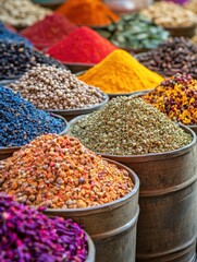 Colorful spices and herbs filling buckets at a traditional market