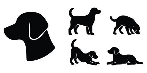 Silhouettes of dogs in playful and relaxed poses including sitting, sniffing, and lying down © creatix