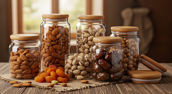 Assortment of Nuts and Dried Fruits in Jars on Rustic Wooden Table