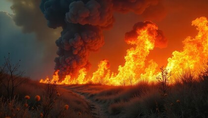 Fototapeta premium A fierce wildfire raging through dry brush, flames leaping high into the air, consuming everything in its path, a scene of intense destruction and power , night, ash, destruction