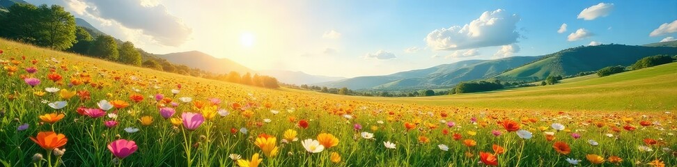 Obraz premium Sun-drenched meadow ablaze with wildflowers, vibrant colors against a backdrop of rolling hills and a clear blue sky Perfect for nature, travel, and serenity themes , ecosystem, picturesque, blossom