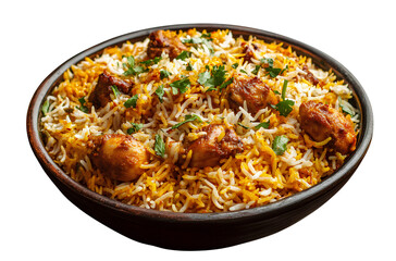 A realistic photograph of biryani with chicken, with a transparent background.