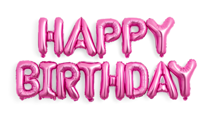 Happy birthday message spelled out in pink foil balloons isolated on transparent background