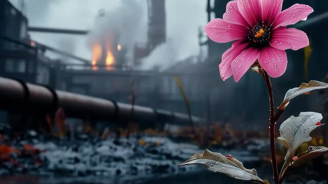 A single pink flower gods among industrial pipes and polluted soil. There is a factory, smoke, and flames in the background. A symbol of hope, perseverance and life in spite of destruction. 