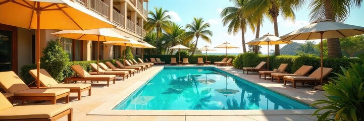 Fototapeta premium Sunny hotel patio scene, perfect for summer vacation getaways Enjoy the refreshing poolside view and vibrant atmosphere Ideal for travel, leisure, and hospitality marketing , tropical, atmosphere