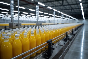Juice bottles production line in factory automated bottling process plant
