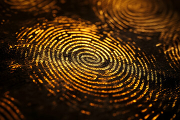 Close-up of golden fingerprints on dark surface in intricate pattern