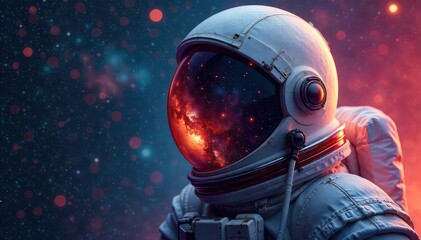 A cosmonaut's helmet reflects the vast expanse of space, stars, and nebulae; a powerful image symbolizing space exploration and the mysteries of the cosmos , spacecraft, nebula