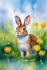 Painting style image of a Dutch rabbit surrounded by green grass and dandelion flowers in bloom