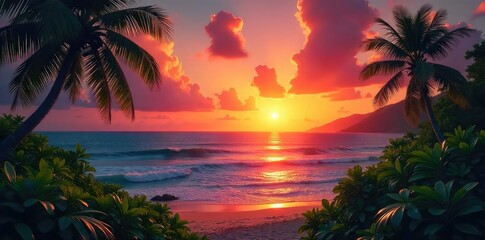 Vibrant hues of a Central American sunset paint the sky, reflecting on lush tropical foliage and a tranquil ocean A scene of pure, unadulterated natural beauty , ocean, birds
