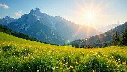 A sweeping vista of a sun-drenched meadow stretching to a distant, majestic mountain range under a vast, clear sky The scene evokes a sense of serenity and timeless beauty , summer, vista, beautiful