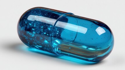 Close-up of a translucent blue capsule with visible contents against a neutral background