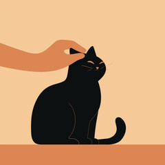 Flat vector illustration cat being petted by human hand modern minimalist warm background International Cat Day