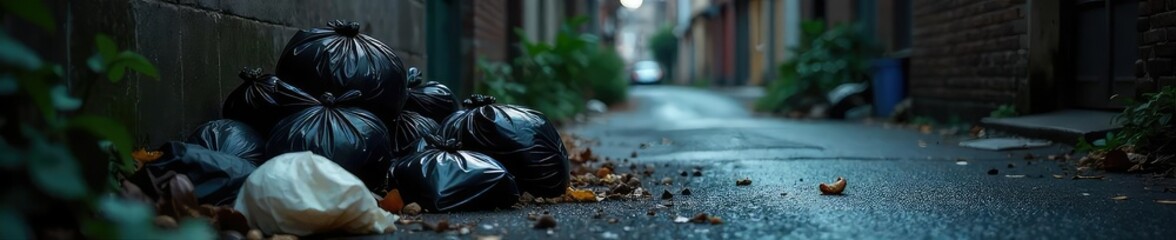 A pile of discarded black plastic bags and trash litters a dark alleyway, highlighting the problem of environmental pollution and irresponsible waste disposal , black, remnant