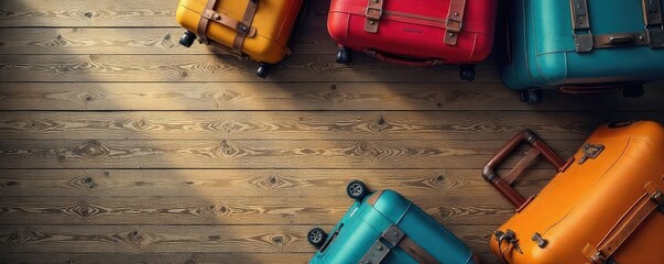 Overhead shot of various suitcases and bags on a rustic wooden floor, ready for travel Perfect for travel blogs, articles, and websites promoting luggage or travel accessories , brown, arrival