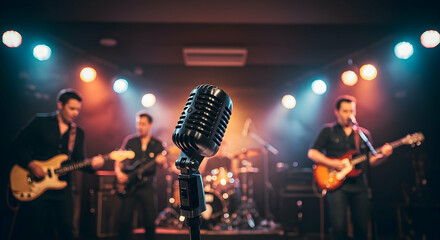 Obraz premium Rock Band Performing on Stage with Bright Lights