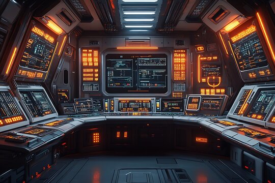 Futuristic interior of a spaceship cockpit with detailed control panels and illuminated displays