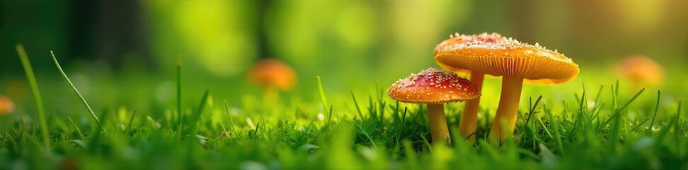 Vibrant orange and yellow mushrooms thrive in the lush green summer grass, sunlight dappling through leaves A captivating scene of fungal growth in its natural habitat , summer, idyllic, life cycle