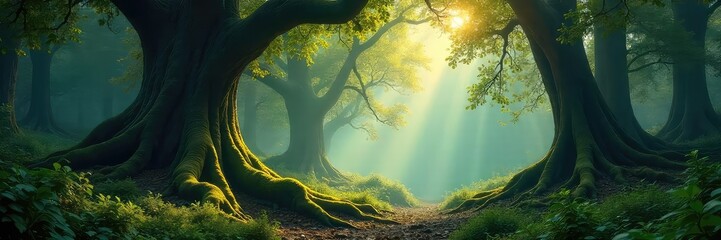 Enigmatic forest bathed in ethereal sunlight, ancient trees draped in moss, a mystical aura pervades the scene, hinting at hidden magic and secrets within nature's embrace , forest, shadows, texture