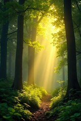 Golden sunbeams pierce through gaps in a lush forest canopy, illuminating the forest floor with dappled light Perfect for nature, tranquility, and serenity themes , green, beams