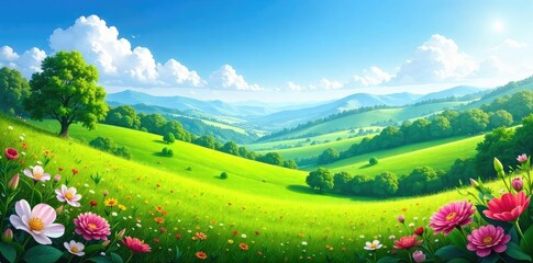 Serene landscape featuring lush green plants, vibrant flowers, and rolling hills under a clear blue sky Perfect for nature, travel, and environmental themes , greenery, serenity